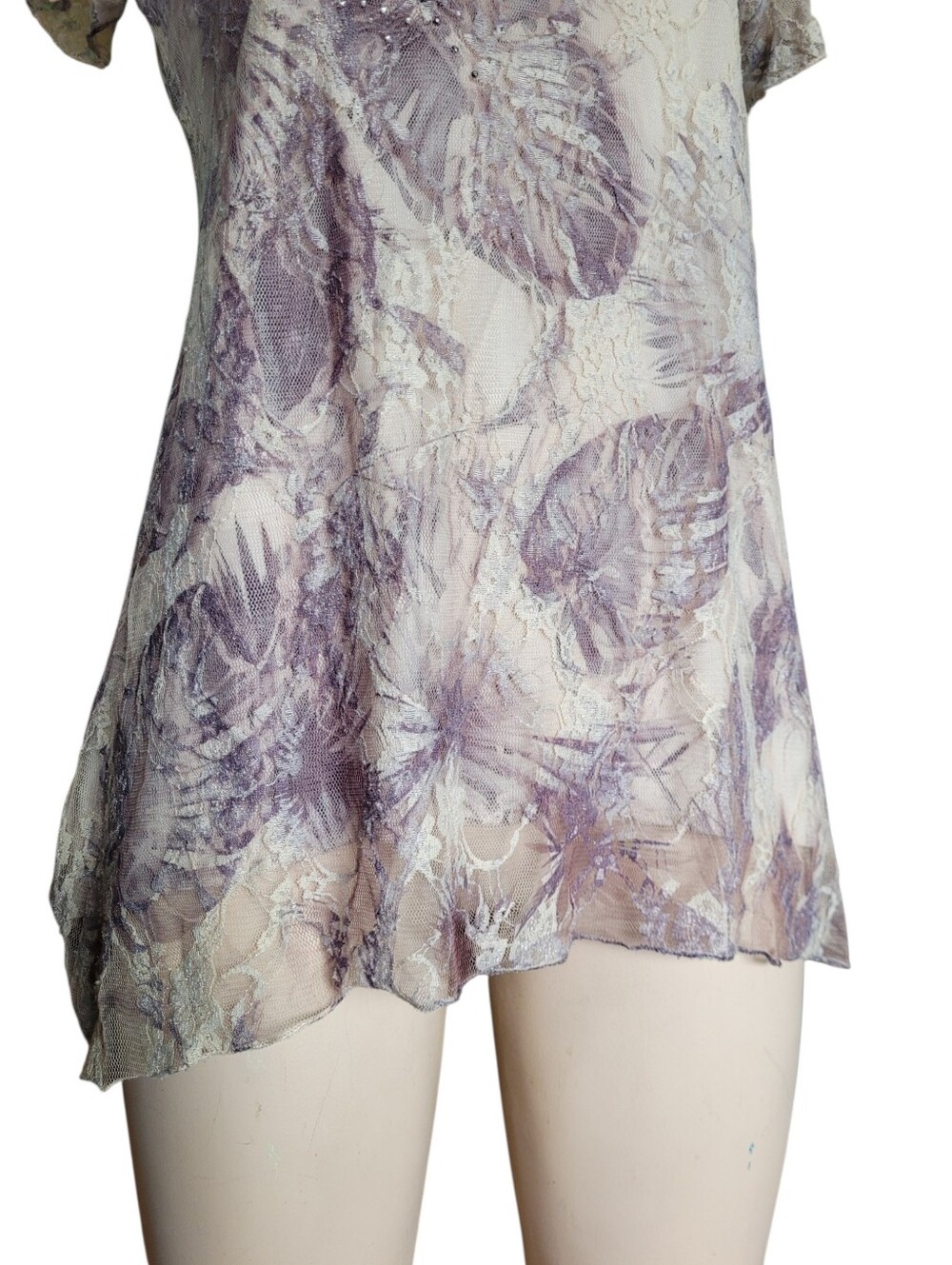 Y2K Fairycore Lace Overlay Botanical Print Blouse Rhinestones Lavender Cream - Picture 3 of 14